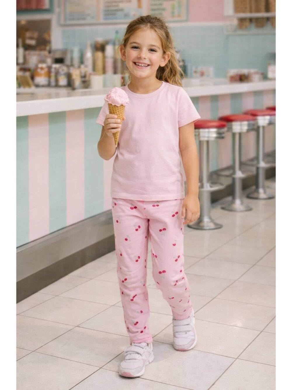NWT Cat & Jack Girls Pink Cherry Leggings M 8 Cotton Stretch Pants Durable Knee